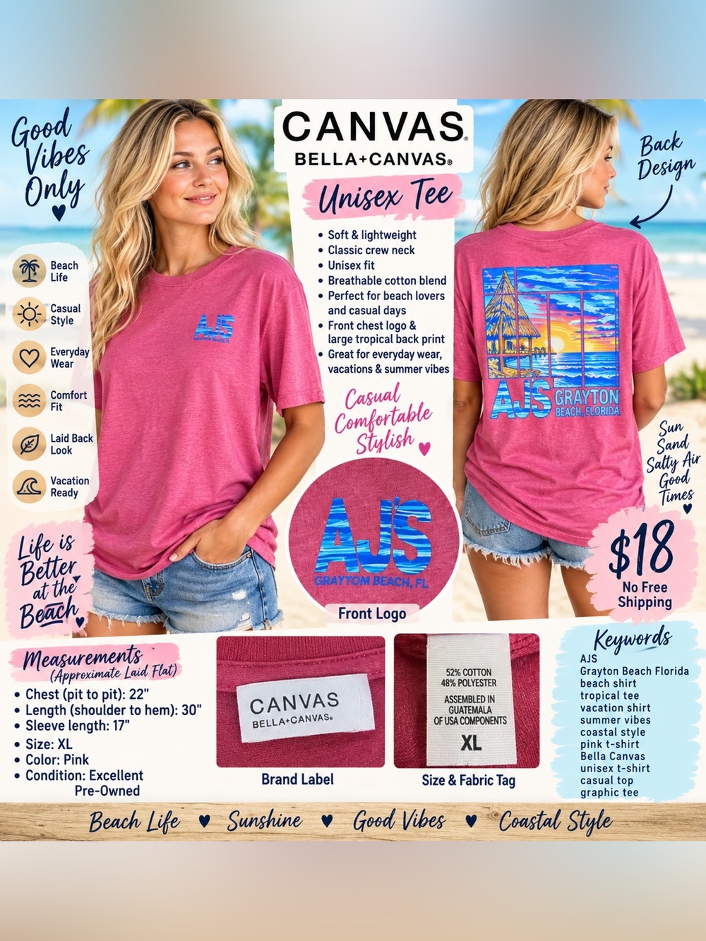 Bella Canvas Hot Pink Short-Sleeve Tee with Small Blue Chest Logo